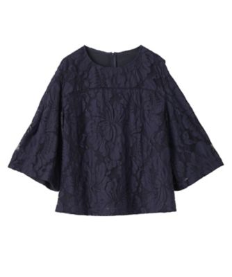LISETTE リュドミラ 百合レースブラウス／ネイビー・長袖・リネン混・日本製 LISETTE リュドミラ 百合レースブラウス／ネイビー・長袖