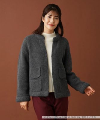美品【レリアン】ノーカラー　ニットジャケット　アイボリー　13+ ノーカラーニットジャケット【my perfect