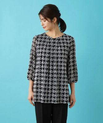 洗える千鳥格子柄刺繍プルオーバーブラウス【パワーネット素材】