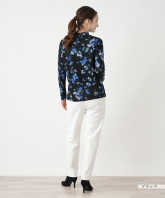レリアン 花柄ハイネック長袖トップス M フラワー柄ハイネックカットソー【Leilian WHITE