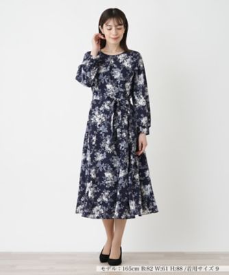 美品 レリアン Leilian ダマスク柄 フレアワンピース ブルー 洗える 美品 レリアン Leilian ダマスク柄 フレアワンピース ブルー