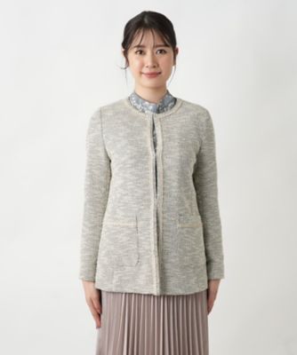 【美品】Leilian ノーカラーニットジャケット　白グレー ツイードニットジャケット【セレモニー】【Leilian WHITE