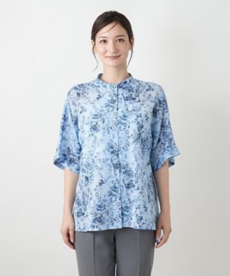 【新品】定価53,900円　レリアン　花柄スタンドカラーブラウス　ブルー　11 花柄スタンドカラーブラウス【Leilian WHITE LABEL