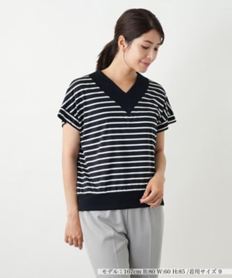 ＜Leilian (Women)＞ボーダー切替Ｖネックカットソー【Ｌｅｉｌｉａｎ　ＷＨＩＴＥ　ＬＡＢＥＬ】