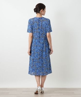 美品 レリアン Leilian ダマスク柄 フレアワンピース ブルー 洗える 美品 レリアン Leilian ダマスク柄 フレアワンピース ブルー