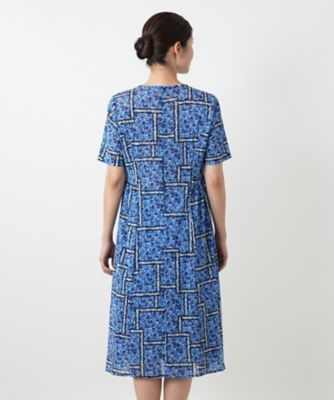 美品 レリアン Leilian ダマスク柄 フレアワンピース ブルー 洗える 美品 レリアン Leilian ダマスク柄 フレアワンピース ブルー