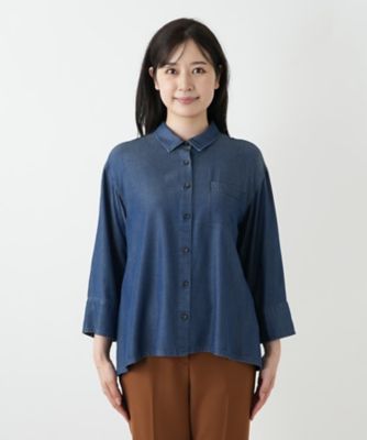 レリアン　大きいサイズ　デニム風　チュニック　ブラウス　リボン　トップス　13+ レリアン 大きいサイズ デニム風 チュニック ブラウス リボン