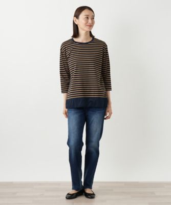 レリアン　ボーダーカットソー黒 異素材切替ボーダーカットソー | Leilian (Women)/レリアン