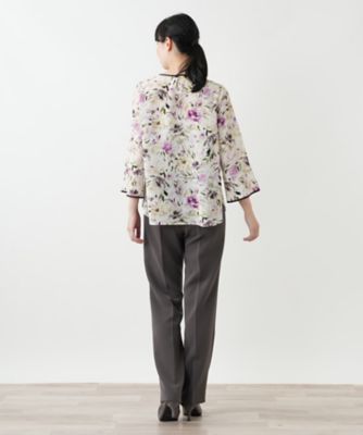 新品　Leilian 長袖ブラウス 17号 ベージュ/黒花柄　　大きいサイズ プリント七分袖ブラウス【Leilian WHITE LABEL