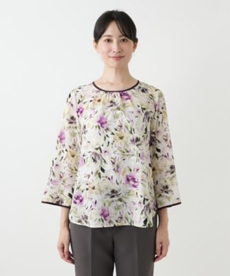 新品　Leilian 長袖ブラウス 17号 ベージュ/黒花柄　　大きいサイズ 花柄プリントブラウス【Leilian WHITE LABEL