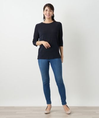LEILIAN レリアン 七分袖 カットソー 美品 サイズ:9  ネイビー  レディース  トップス　ボーダー リボン ボーダー七分袖カットソー【Leilian WHITE