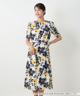 【美品】Leilianレリアン ワンピース 9号 花柄 フレア ベルト付き日本製 フラワー柄フレアワンピース【Leilian WHITE LABEL】|レリアン