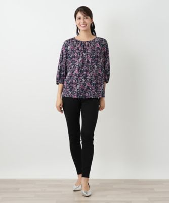 新品】 Leilian レリアン ブラウス サイズ13+ 花柄 紺 白 フレア