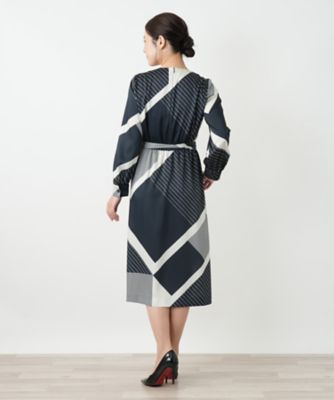 【未使用】ROCHAS ロシャス レリアン 総柄フレアワンピース 長袖 ベルト 幾何学柄フレアワンピース【ROCHAS Premiere