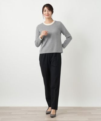 ビジューネックバイカラーニット【Leilian WHITE