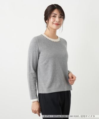 ビジューネックバイカラーニット【Leilian WHITE