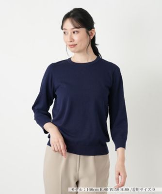 Leilian(レリアン) チュニック サイズ13+ S レディース美品  - ダークネイビー×白×マルチ クルーネック/七分袖/ドット柄/ボーダー/ラインストーン レリアン Leilian チュニック サイズ13+ S - ダークネイビー