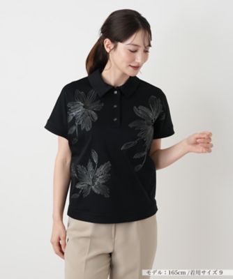 MUVEIL 花モチーフポロシャツ ブラック　36 MUVEIL（ミュベール）の「【MUVEIL(ミュベール)】花モチーフポロシャツ