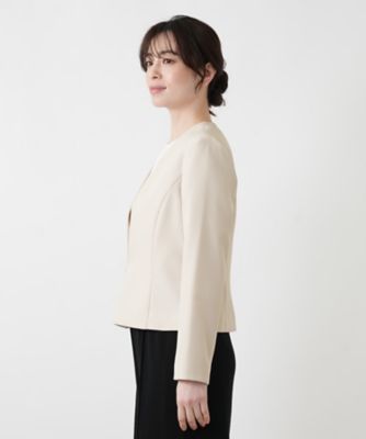 【極美品ARMANICOLLEZIONIノーカラー VネックジャケットホワイトL 洗えるノーカラーVネックジャケット【Leilian WHITE
