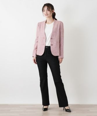 ツイードノーカラーVネックジャケット【Leilian WHITE