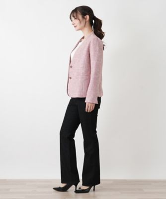 Leilianレリアンノーカラージャケットシルク混 レディース ベージュ ピンク ツイードノーカラーVネックジャケット【Leilian WHITE