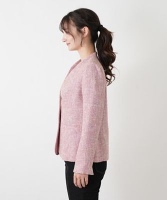 Leilianレリアンノーカラージャケットシルク混 レディース ベージュ ピンク ツイードノーカラーVネックジャケット【Leilian WHITE