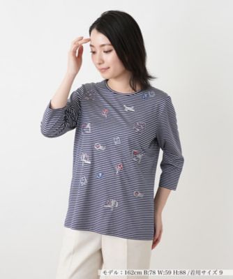 ＜Leilian (Women)＞刺繍ボーダー七分袖カットソー
