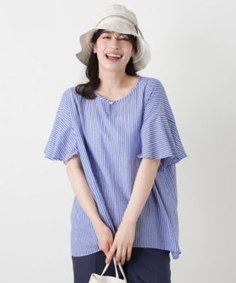 美品 Leilian ストライプ フレアシャツ 丈長め 大きいサイズ 13+ ストライプフレアブラウス【ROCHAS Premiere