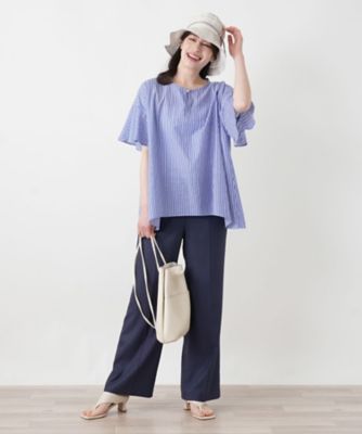 美品 Leilian ストライプ フレアシャツ 丈長め 大きいサイズ 13+ ストライプフレアブラウス【ROCHAS Premiere