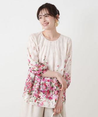 きなこもち レリアン ROCHAS 日本製 フラワープリント 13号 フラワー柄タックギャザーブラウス【ROCHAS Premiere