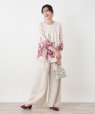 きなこもち レリアン ROCHAS 日本製 フラワープリント 13号 フラワー柄タックギャザーブラウス【ROCHAS Premiere