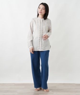 新品yuni  ストライプバンドカラーブラウス UNIVERSAL TISSU（ユニヴァーサルティシュ） バンドカラー ブラウス