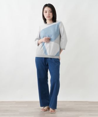 極美品 近年 レリアン プラスハウス カラーブロック ニット カットソー 洗えるカラーブロッククルーネックニット【Leilian WHITE