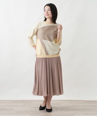 洗えるカラーブロッククルーネックニット【Leilian WHITE