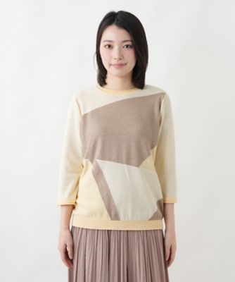 極美品 近年 レリアン プラスハウス カラーブロック ニット カットソー 洗えるカラーブロッククルーネックニット【Leilian WHITE