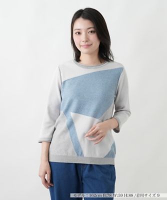 洗えるカラーブロッククルーネックニット【Leilian WHITE