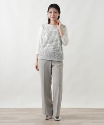 ボタニカルボーダー七分袖ニット【Leilian WHITE