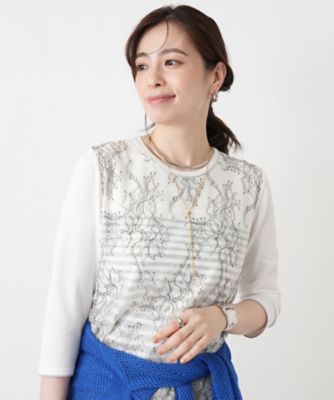 ボタニカルボーダー七分袖ニット【Leilian WHITE
