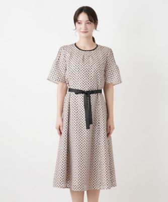 【アンタイトル】ジオメ　柄　幾何学　フレア　ワンピース　リボン　ベルト　入学式 新発売 新商品 【アンタイトル】ジオメ 柄 幾何学 フレア ワンピース