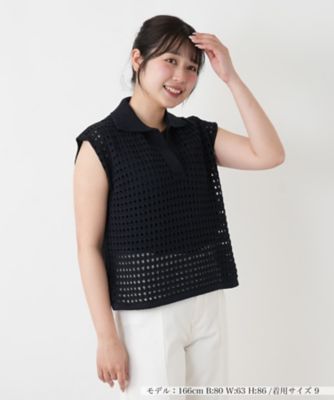 ＜Leilian (Women)＞透かし編み切替ニットポロシャツ