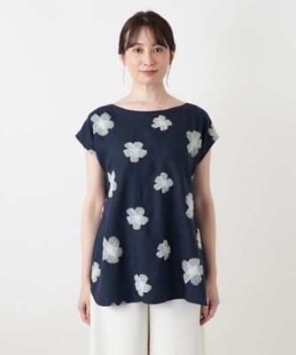 レオナール 美品 カットソー フレンチスリーブ 花柄 リボン 紺 ネイビー M LEONARD - レオナール 美品 カットソー フレンチスリーブ 花柄 リボン