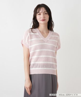 ＜Leilian (Women)＞ボーダーＶネックフレンチスリーブニット