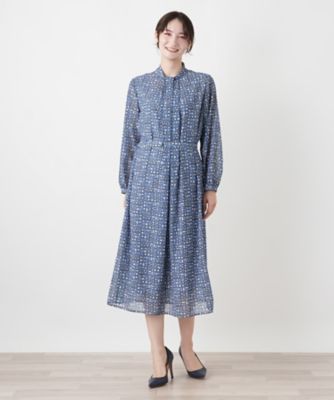 レリアンキャラオクルス ネイビーとホワイトの格子柄ワンピース 11L 幾何学柄フレアワンピース【Leilian WHITE LABEL