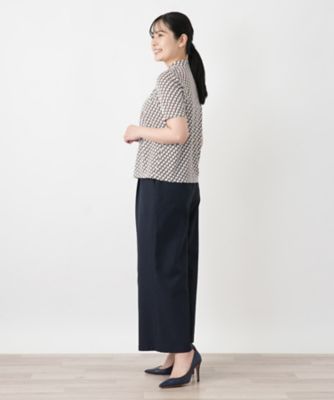 新品未使用　Leilian レリアン　幾何学模様 五分袖カットソー13＋　日本製 幾何学柄ボウタイ風カットソー【Leilian WHITE LABEL