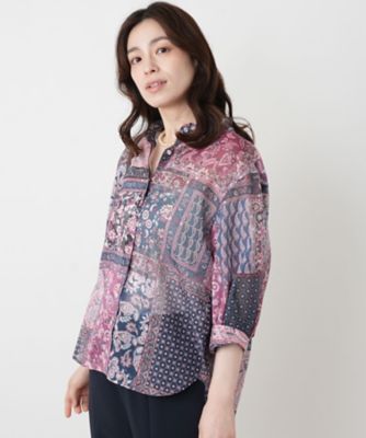 美品 レリアン 大きいサイズ 13+ コットンシャツ ペイズリー柄 ブルー系 ペイズリー柄シャツブラウス【Leilian WHITE LABEL