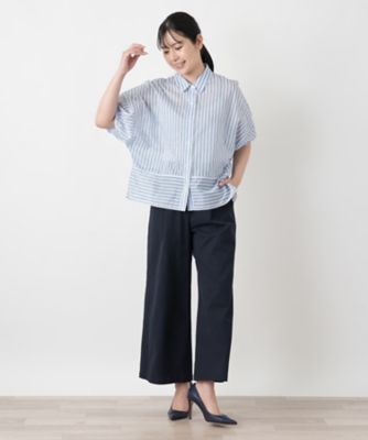 ストライプ切替ボリュームスリーブブラウス【Leilian 
