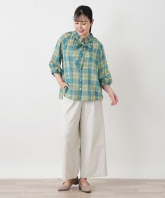 美品レリアン ホワイトレーベル チェックブラウス キュプラ混 17＋大きいサイズ チェックボウタイブラウス【Leilian WHITE LABEL