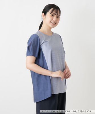 ボーダー切替パフスリーブブラウス【Leilian WHITE