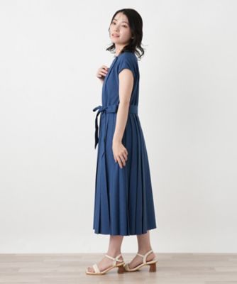 極美品✨レリアン【13+】七分袖サイドプリーツロングワンピース 近年ロゴ　紺 サイドプリーツワンピース【大妻女子大学コラボ商品】 | Leilian