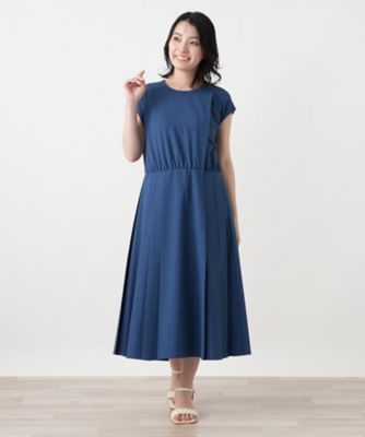 極美品✨レリアン【13+】七分袖サイドプリーツロングワンピース 近年ロゴ　紺 サイドプリーツワンピース【大妻女子大学コラボ商品】 | Leilian